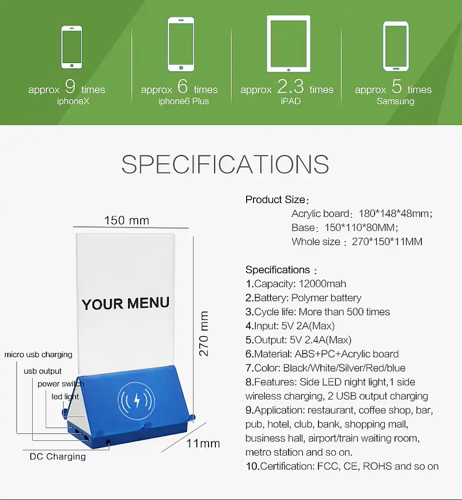 Bezdrôtová nabíjačka na mobil s 3D LED stojanom na menu - 10 000 mAh – Obrázok 7